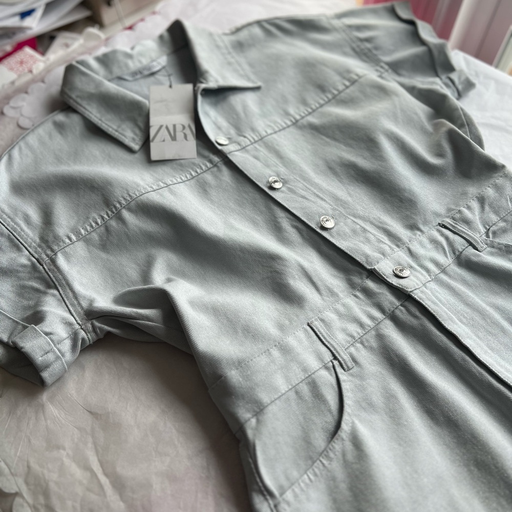 BNWT Zara Light Denim Sparkle Romper button down belt loops stretchy metallic XL
